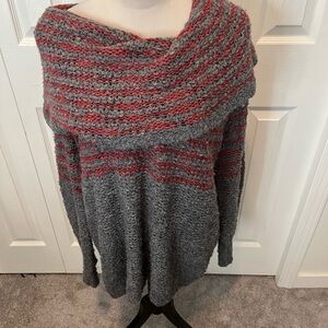 Free People Gray and Red Cowl Neck Sweater